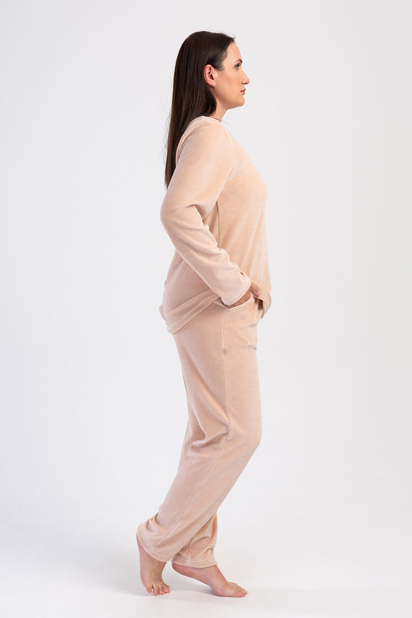 KADIN KADIFE XXL O YAKA UZUN KOL ETEGI OVAL CEPLI PIJAMA TAKIM