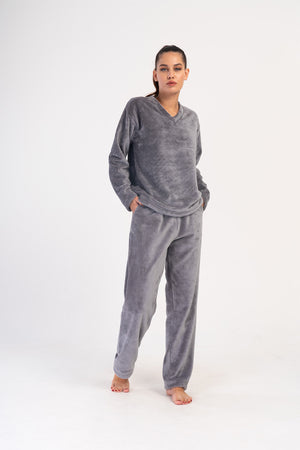 KADIN J.ULTRASOFT O YAKA DUSUK OMUZLU UZUN KOL CEPLI PIJAMA TAKIM