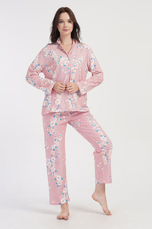 KADIN 2IPLIK GOMLEK YAKA TAMAMI DUGMELI UZUN KOL PIJAMA TAKIM