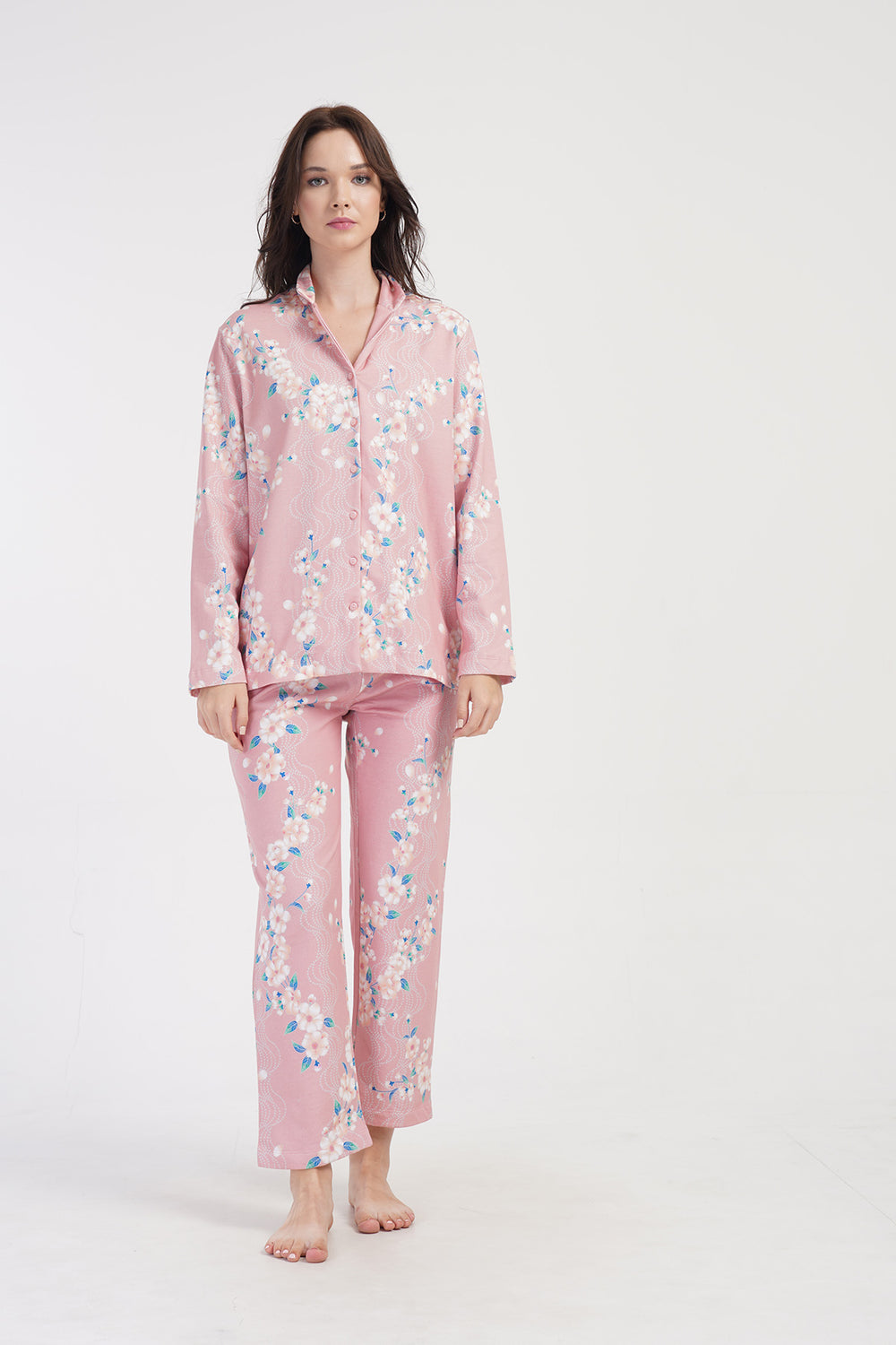 KADIN 2IPLIK GOMLEK YAKA TAMAMI DUGMELI UZUN KOL PIJAMA TAKIM