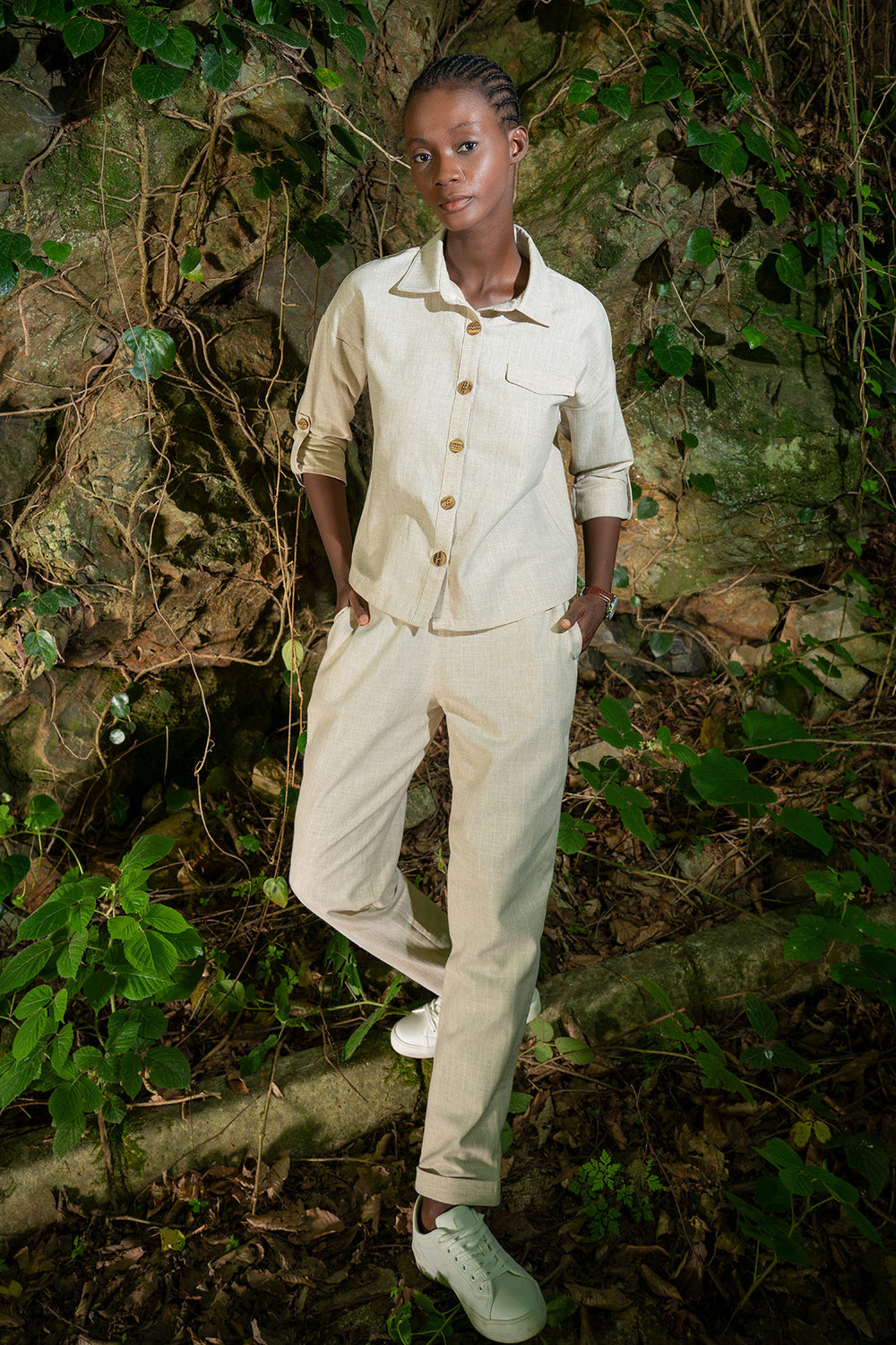 KADIN KETEN DUSUK OMUZLU APOLETLI UZUN KOL DOUBLE PACA PANTOLON TAKIM