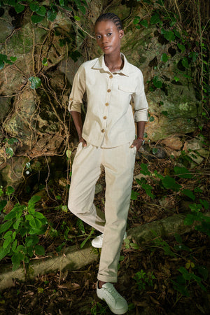 KADIN KETEN DUSUK OMUZLU APOLETLI UZUN KOL DOUBLE PACA PANTOLON TAKIM