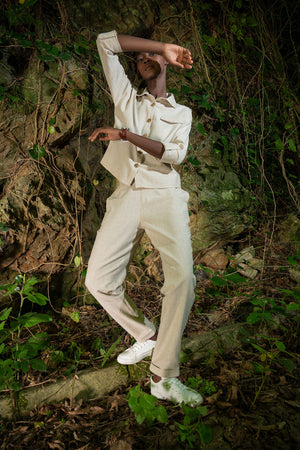 KADIN KETEN DUSUK OMUZLU APOLETLI UZUN KOL DOUBLE PACA PANTOLON TAKIM