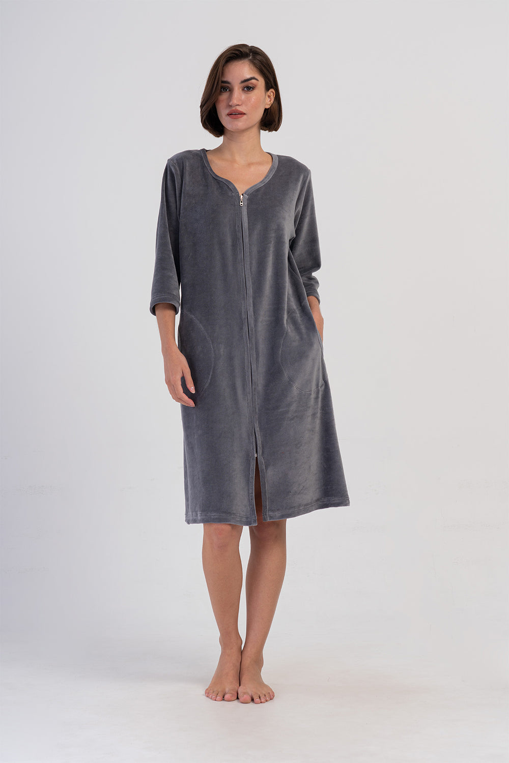 KADIN KADIFE FERMUARLI 3/4KOL CEPLI EV ELBISESI