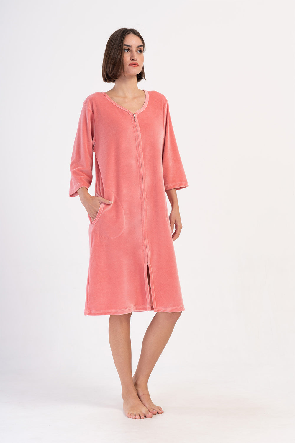 KADIN KADIFE XXL FERMUARLI 3/4KOL CEPLI EV ELBISESI