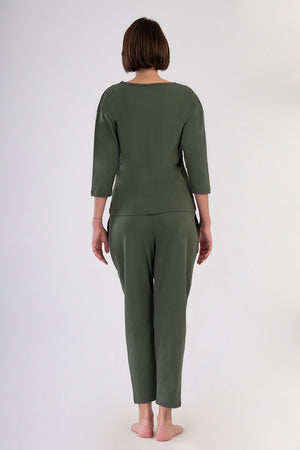 KADIN P.SUPREM O YAKA DUSUK OMUZLU 3/4KOL PILELI CEPLI 7/8 BOY PIJAMA TAKIM