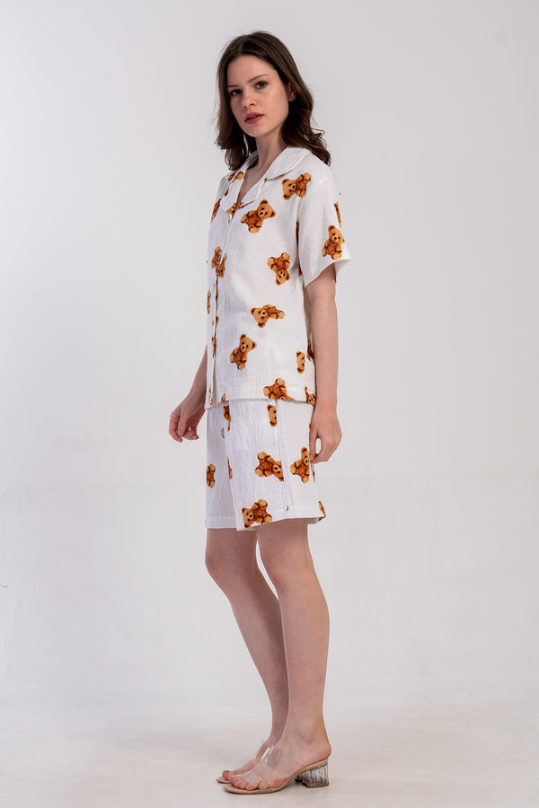 KADIN MUSLIN KISA KOL CEKET YAKA GOMLEK CEPLI BEL LASTIKLI SORT TAKIM