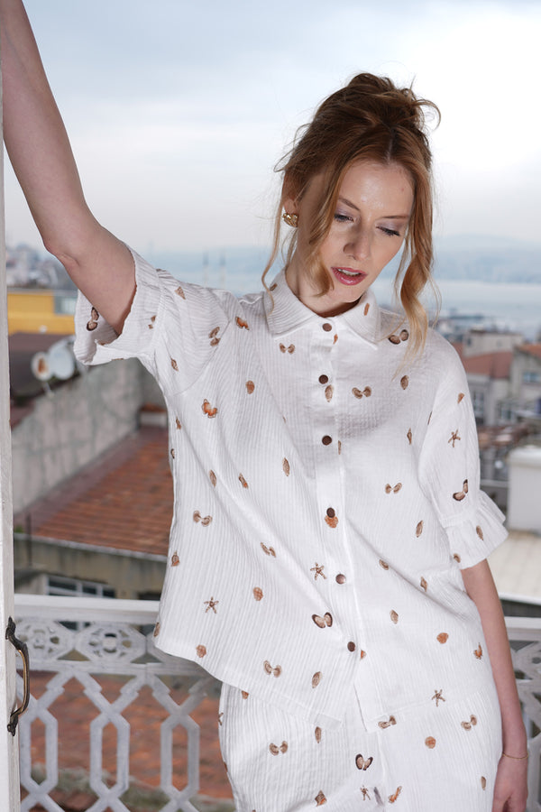 KADIN MUSLIN KOLUCU FIRFIRLI GOMLEK LASTIKLI CEPLI SORT TAKIM