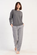 KADIN JAKARLI INTERLOK XXL O YAKA DUSUK OMUZLU UZUN KOL CEPLI PIJAMA TAKIM