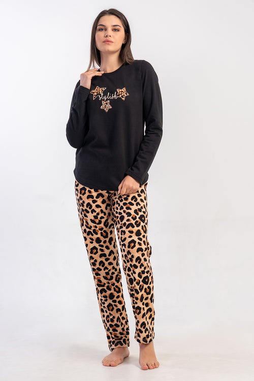 KADIN 2IPLIK O YAKA UZUN KOL ETEGI OVAL PIJAMA TAKIM