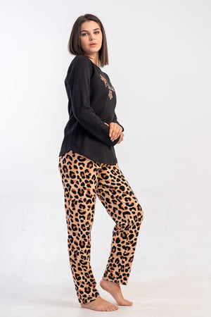 KADIN 2IPLIK O YAKA UZUN KOL ETEGI OVAL PIJAMA TAKIM