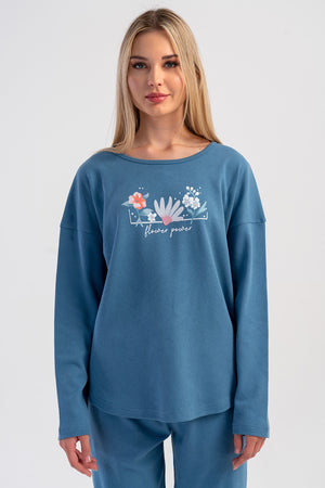 KADIN INTERLOK O YAKA DUSUK OMUZLU UZUN KOL ETEGI OVAL CEPLI PIJAMA TAKIM