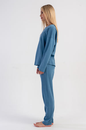 KADIN INTERLOK O YAKA DUSUK OMUZLU UZUN KOL ETEGI OVAL CEPLI PIJAMA TAKIM