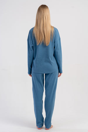 KADIN INTERLOK O YAKA DUSUK OMUZLU UZUN KOL ETEGI OVAL CEPLI PIJAMA TAKIM