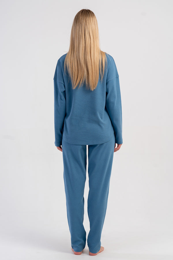 KADIN INTERLOK O YAKA DUSUK OMUZLU UZUN KOL ETEGI OVAL CEPLI PIJAMA TAKIM