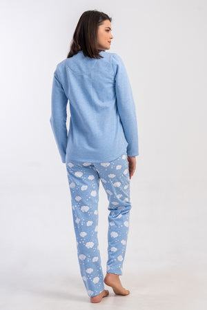 KADIN 2IPLIK O YAKA UZUN KOL ETEGI OVAL PIJAMA TAKIM