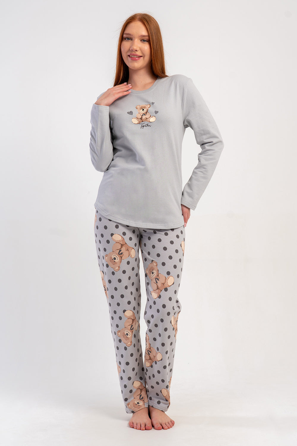 KADIN 2IPLIK O YAKA UZUN KOL ETEGI OVAL PIJAMA TAKIM