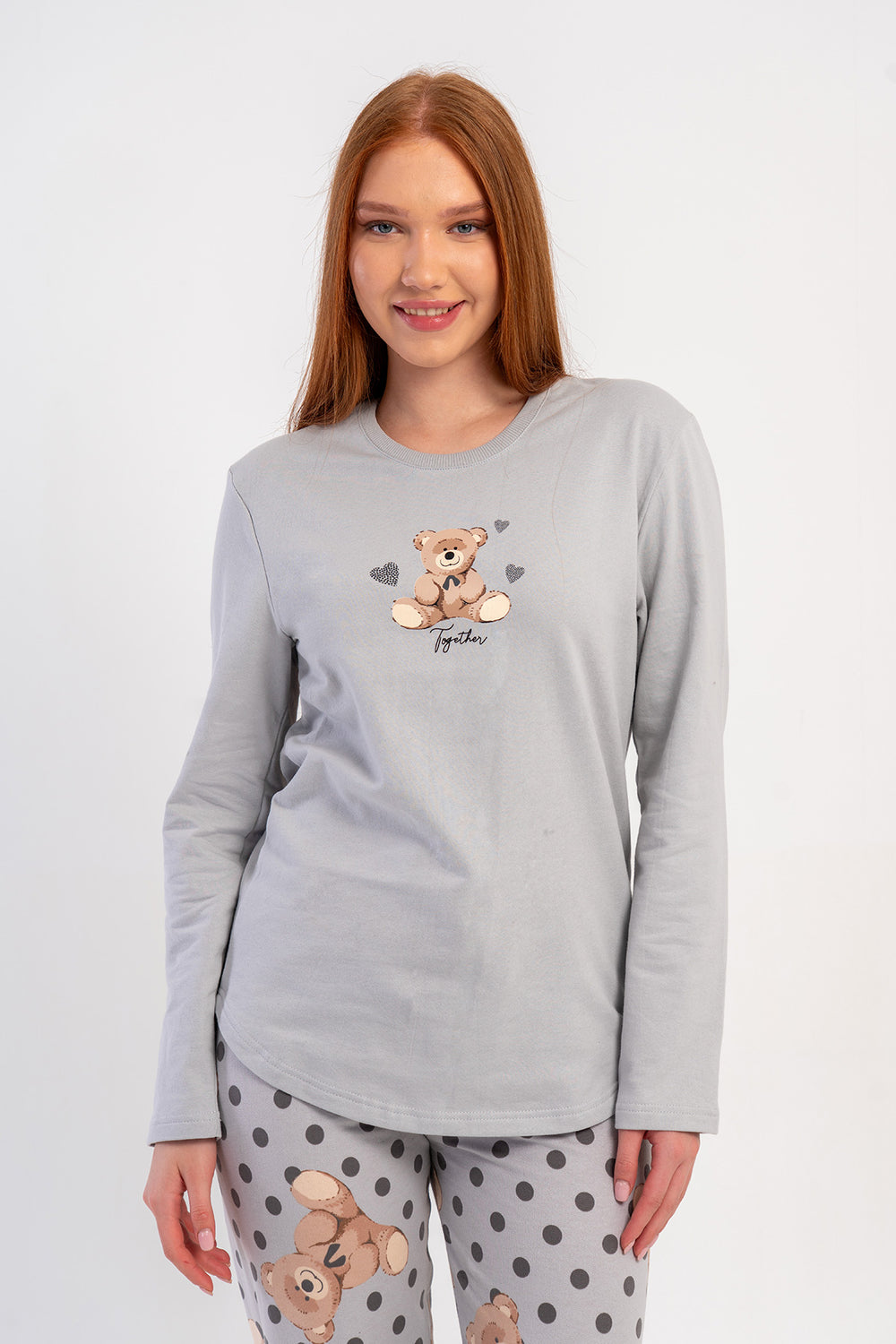 KADIN 2IPLIK O YAKA UZUN KOL ETEGI OVAL PIJAMA TAKIM