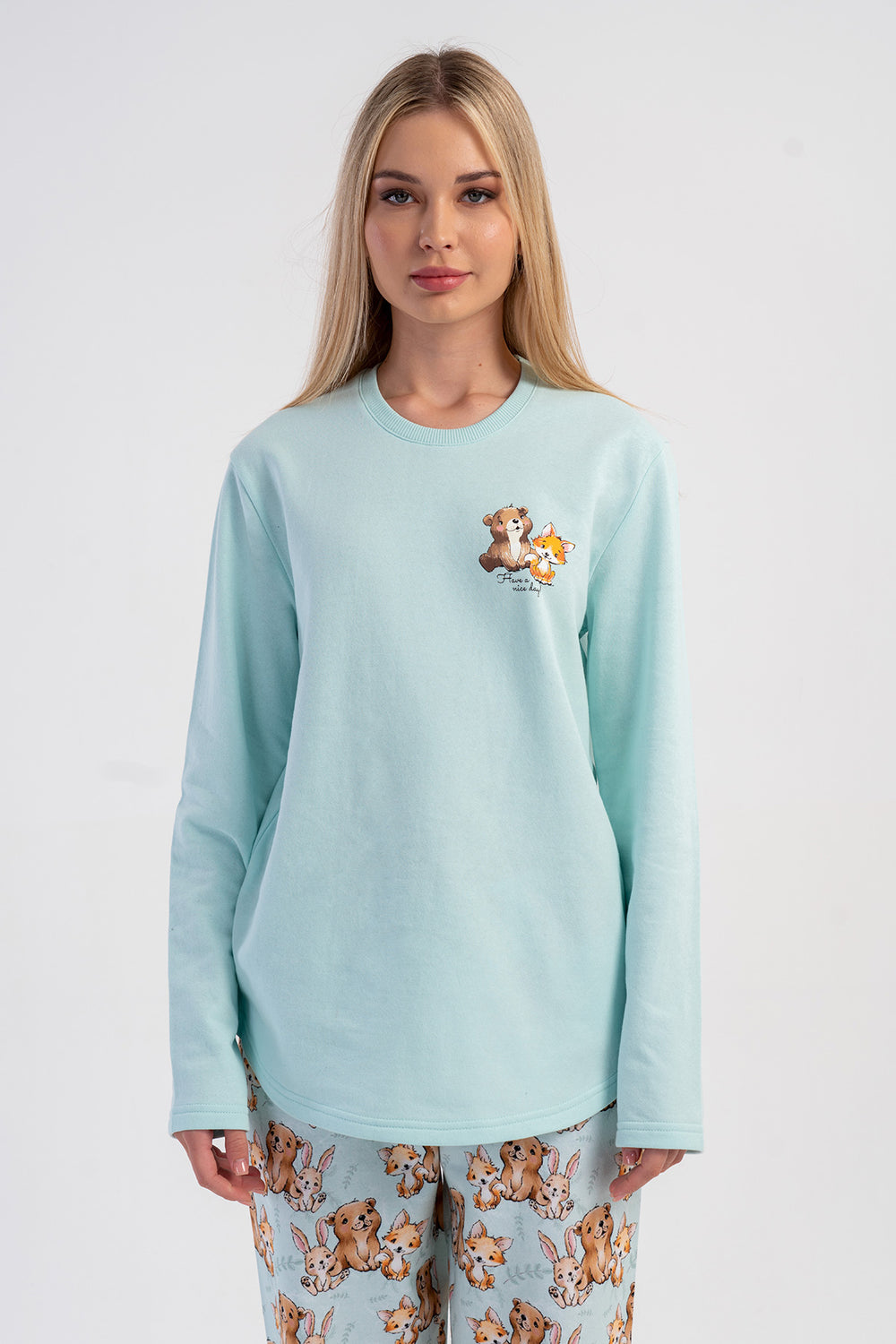 KADIN 2IPLIK O YAKA UZUN KOL ETEGI OVAL PIJAMA TAKIM