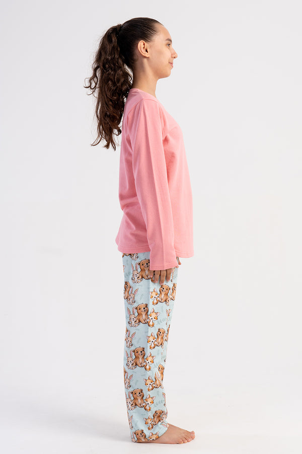 KIZ COCUK 2IPLIK O YAKA UZUN KOL ETEGI OVAL PIJAMA TAKIM(7-8/13-14)