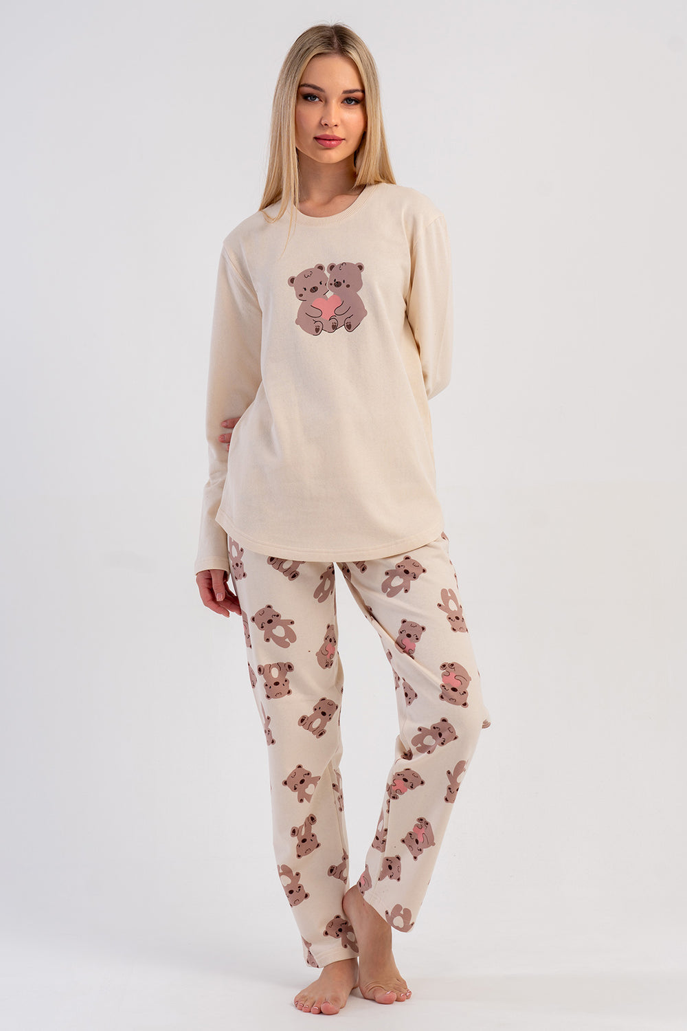 KADIN 2IPLIK O YAKA UZUN KOL ETEGI OVAL PIJAMA TAKIM