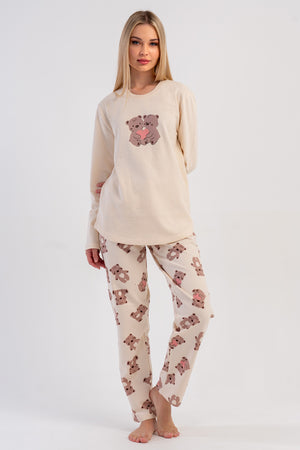 KADIN 2IPLIK O YAKA UZUN KOL ETEGI OVAL PIJAMA TAKIM