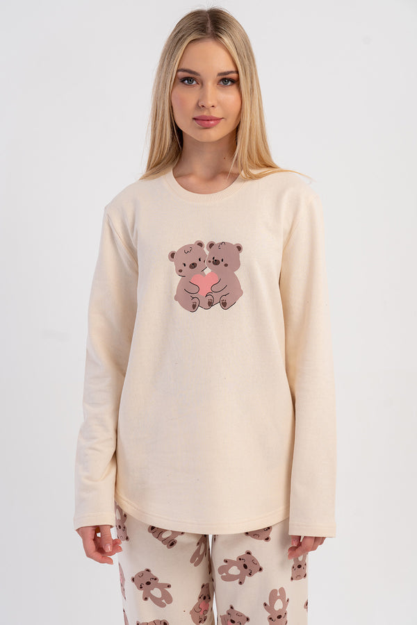 KADIN 2IPLIK O YAKA UZUN KOL ETEGI OVAL PIJAMA TAKIM