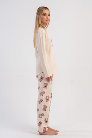 KADIN 2IPLIK O YAKA UZUN KOL ETEGI OVAL PIJAMA TAKIM