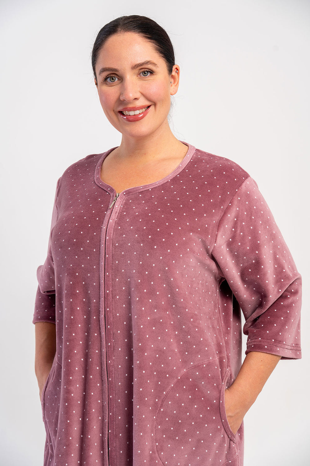 KADIN PAMUK KADIFE XXL 3/4 KOL CEPLI FERMUARLI EV ELBİSESİ