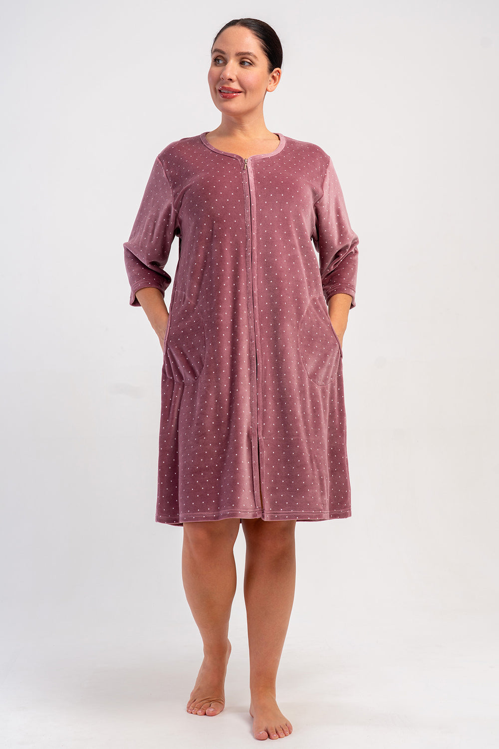 KADIN PAMUK KADIFE XXL 3/4 KOL CEPLI FERMUARLI EV ELBİSESİ