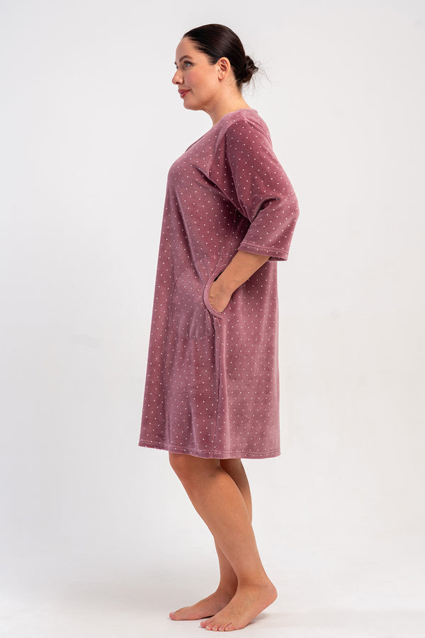 KADIN PAMUK KADIFE XXL 3/4 KOL CEPLI FERMUARLI EV ELBİSESİ