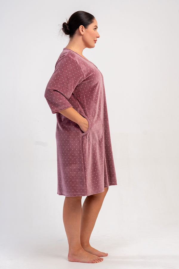 KADIN PAMUK KADIFE XXL 3/4 KOL CEPLI FERMUARLI EV ELBİSESİ