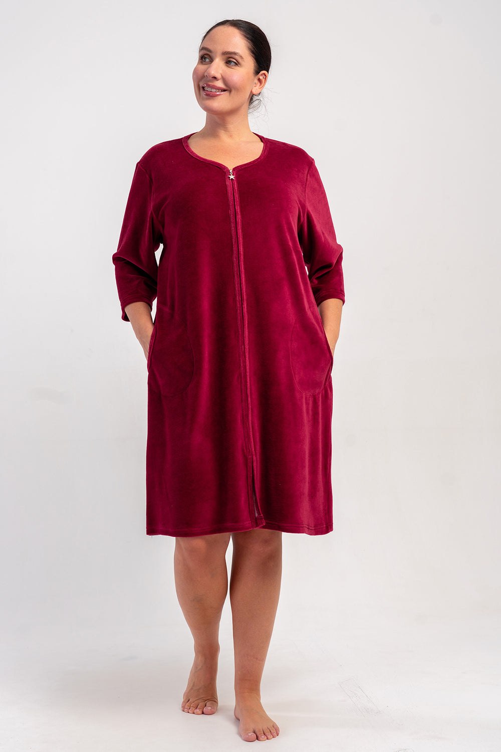 KADIN PAMUK KADIFE XXL 3/4 KOL CEPLI FERMUARLI EV ELBİSESİ