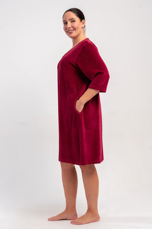 KADIN PAMUK KADIFE XXL 3/4 KOL CEPLI FERMUARLI EV ELBİSESİ