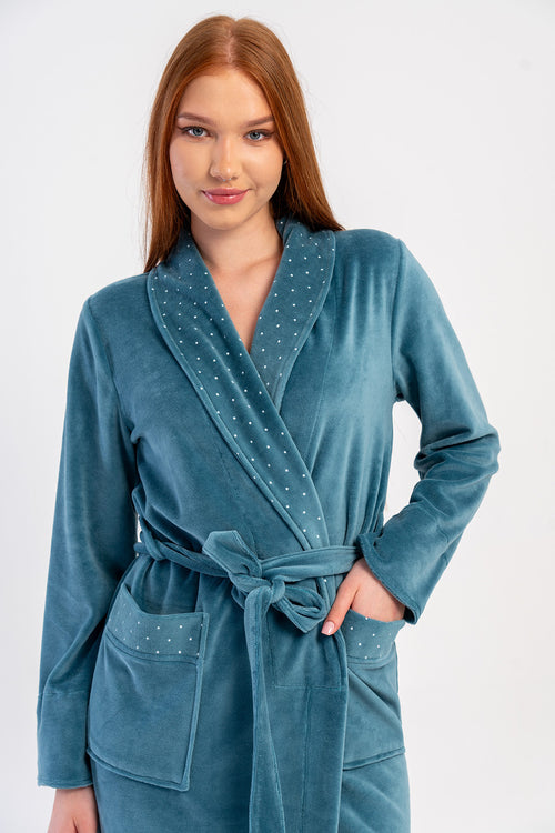 KADIN PAMUK KADIFE UZUN KOL CEPLI SAL YAKA SABAHLIK