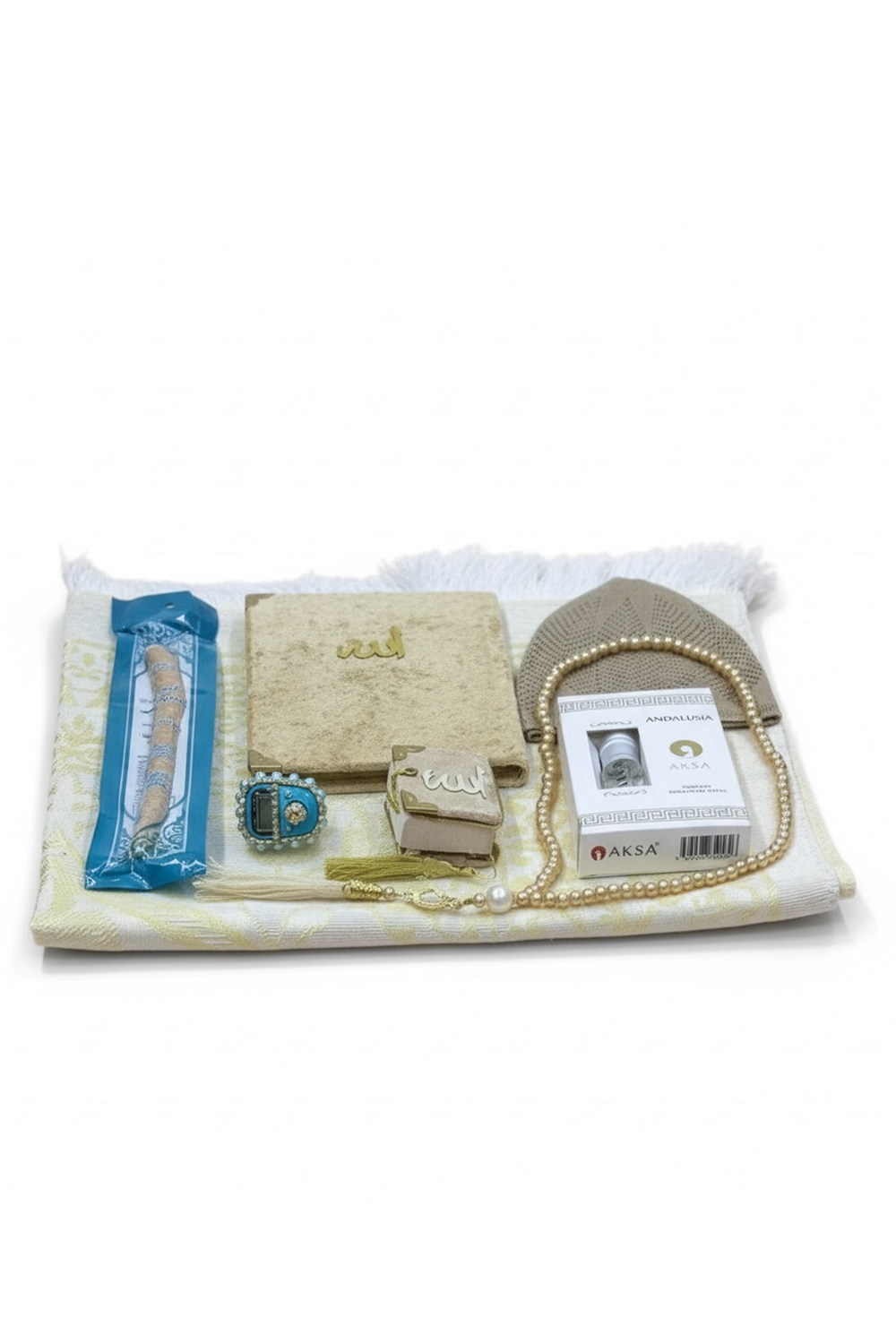 8'Lİ (SECCADE- KADİFE KAPLI YASİNİ ŞERİF- İNCİ TESBİH- MİSVAK- TAŞLI ZİKİRMATİK- ESANS KOKU- MİNİ KUR'AN-I KERİM- TAKKE) SET