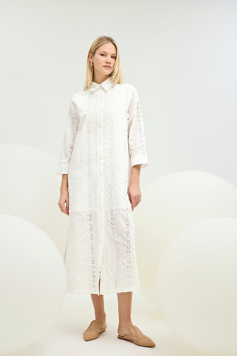 21393 KADIN BRODE GÖMLEK YAKA UZUN ELBİSE